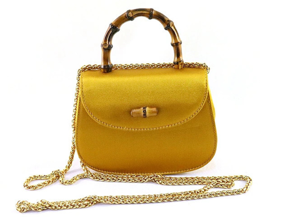 Gucci Bag Chain Shoulder Bamboo Pouch Clutch Satin Gold
